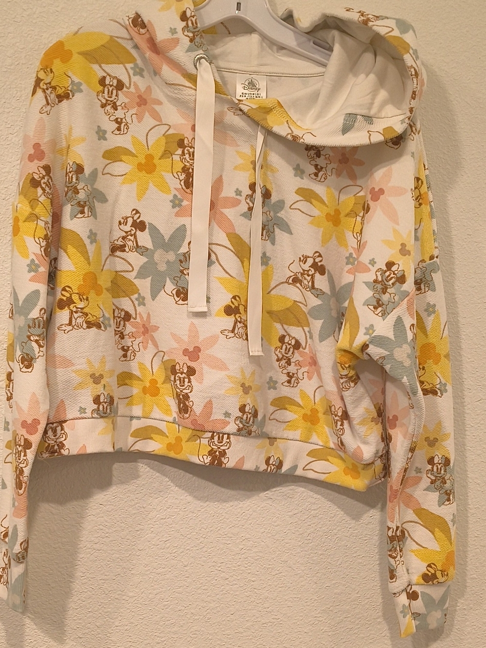 Disney Womens Floral Minnie Mouse Cropped Hoodie - White/Yellow/Pink